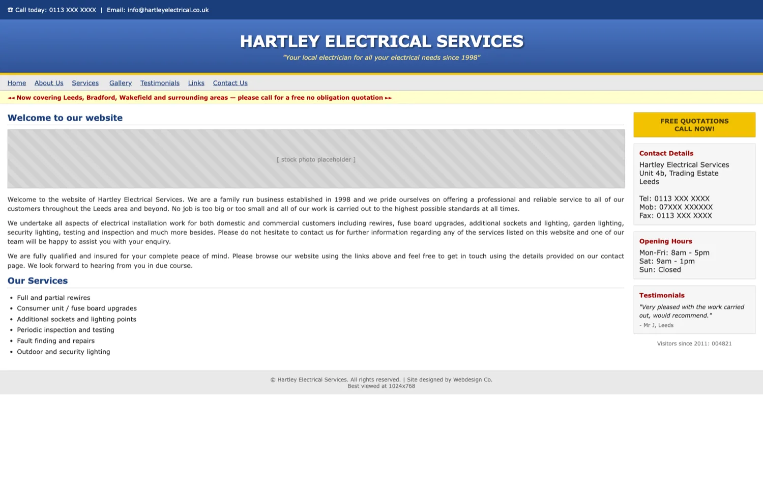A dated trades website: cramped blue banner, underlined text links, walls of justified paragraph text, a stock photo placeholder and a visitor counter.