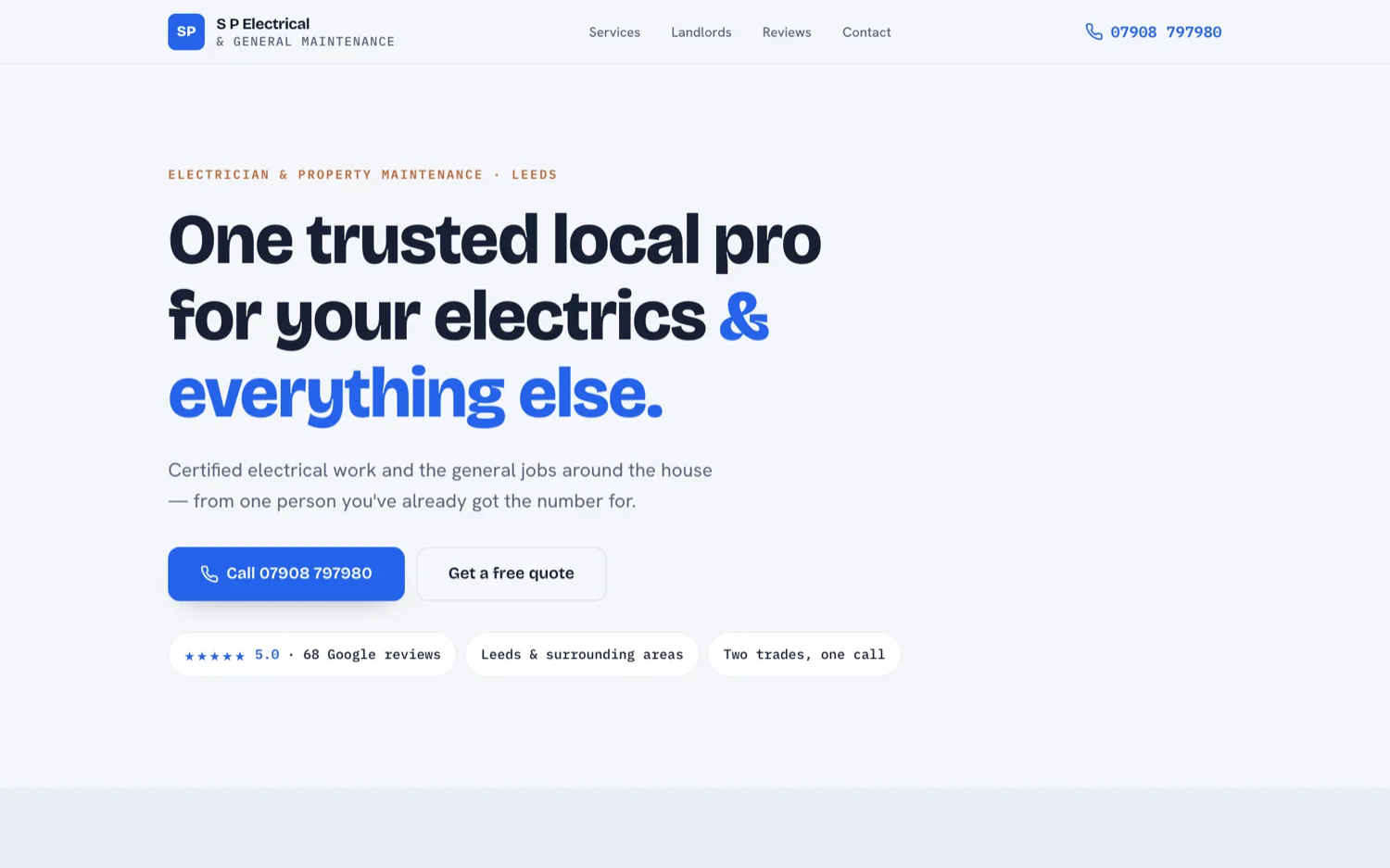 Homepage concept for S P Electrical: light layout, the headline “One trusted local pro for your electrics and everything else”, a call button and a 5.0-star review badge.