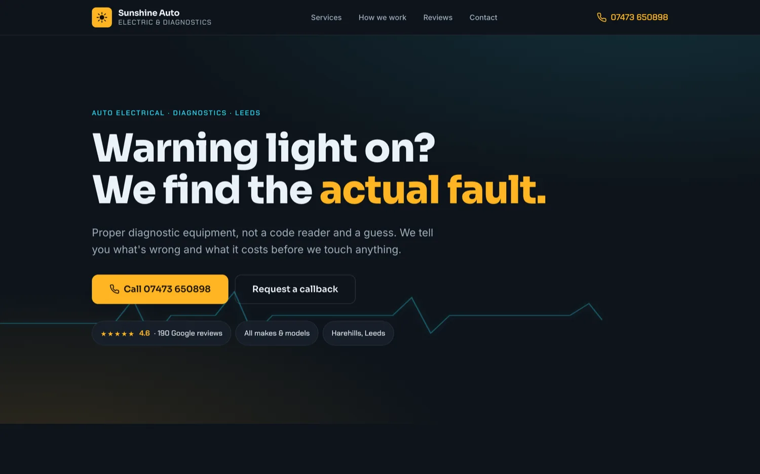 Homepage concept for Sunshine Auto Electric: dark layout, the headline “Warning light on? We find the actual fault”, a call button and a 4.6-star review badge.